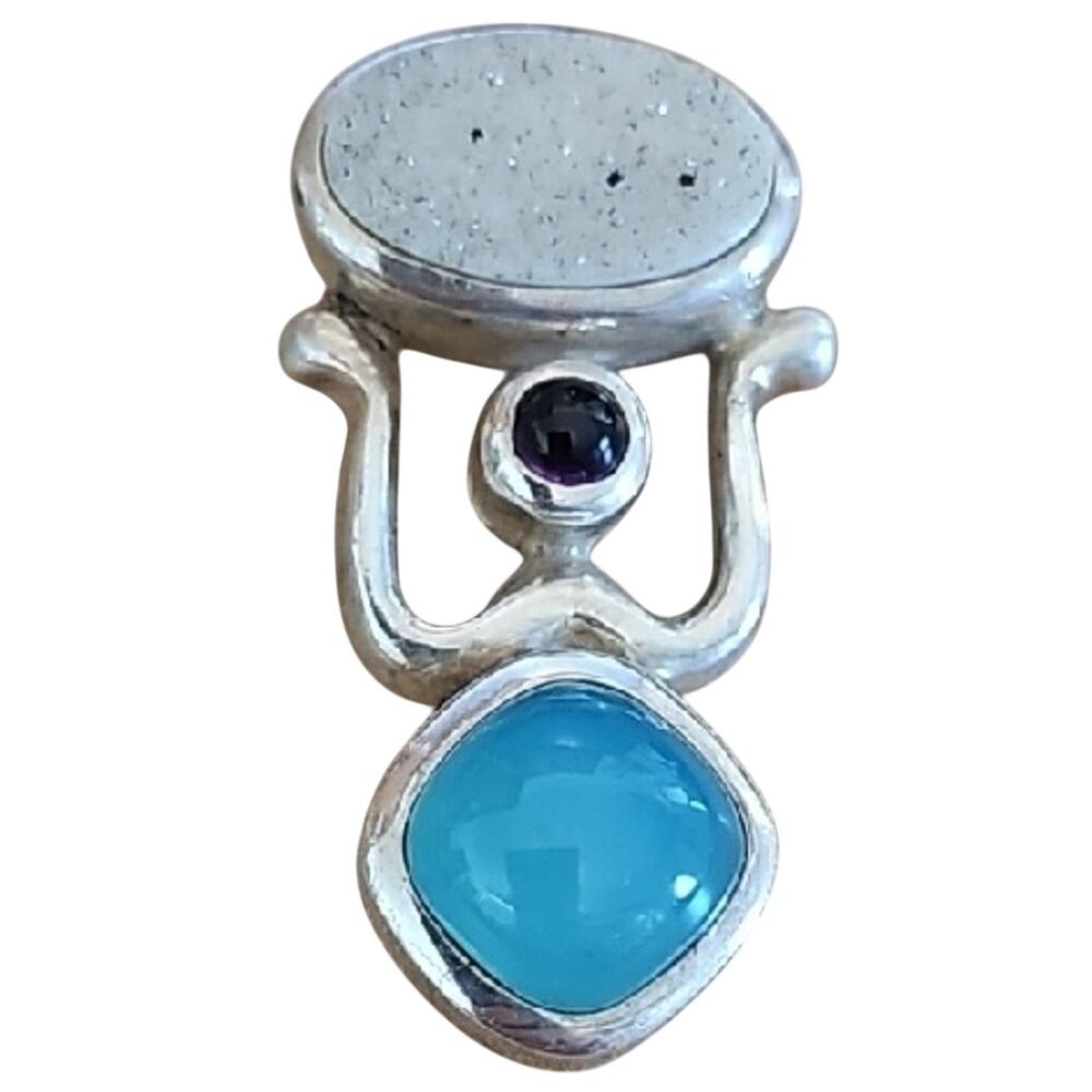 Vtg Artisian Made 925 Silver Turquoise Glass Amethyst Accent Druzy Drop Pendant